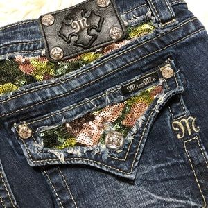 Miss Me RARE Pink & Green sequins 30x32 1/2.